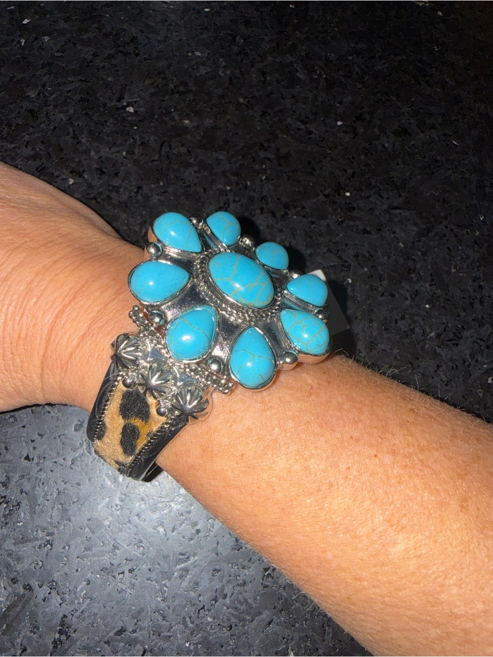 NEW NOIR Handcrafted FAUX Turquoise & Leopard FUR Print Stretch Bracelet